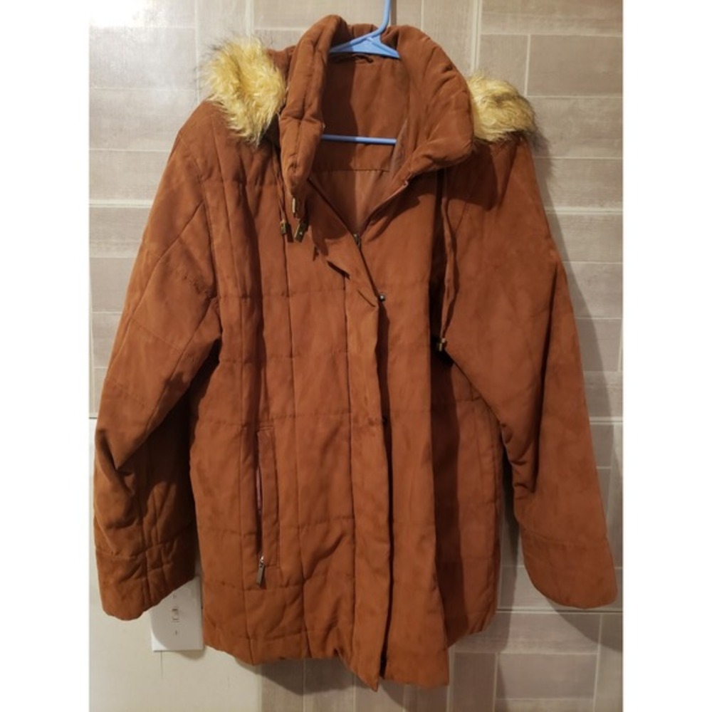 C&A Canda Womens Jacket Coat Size M‎ Fur Trim Hood No Tag Brown Orange